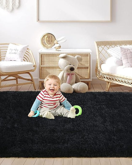 YOBATH Fluffy Shag Area Rug, Black Rugs for Bedroom 4x6 Feet, Plush Shaggy Rug for Living Room, Indoor Modern Bedside Rug for Kids Girls Boys Room, Shag Carpet for Dorm Nursery Room - LeafyLoom