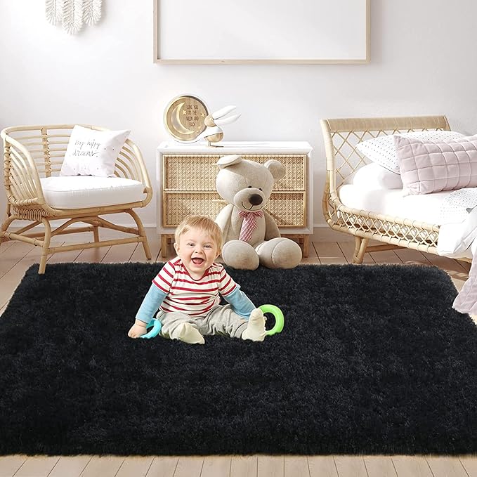 YOBATH Fluffy Shag Area Rug, Black Rugs for Bedroom 4x6 Feet, Plush Shaggy Rug for Living Room, Indoor Modern Bedside Rug for Kids Girls Boys Room, Shag Carpet for Dorm Nursery Room - LeafyLoom