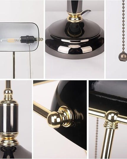 FIRVRE Bankers Desk Lamp with Pull Chain Switch Plug in Fixture, Black Glass Shade Desk Lamps, Golden and Black E26 Base, Traditional Library Lamp for Office,Piano,Study Room - LeafyLoom