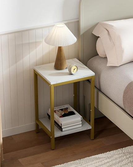 SAYGOER White Faux Marble End Tables Small Side Table with Storage Wood Night Stand Gold Metal Frames 2 Tier Bedside Table with Adjustable Feet, 1PCS, White Gold - LeafyLoom