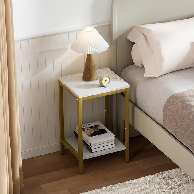 SAYGOER White Faux Marble End Tables Small Side Table with Storage Wood Night Stand Gold Metal Frames 2 Tier Bedside Table with Adjustable Feet, 1PCS, White Gold - LeafyLoom