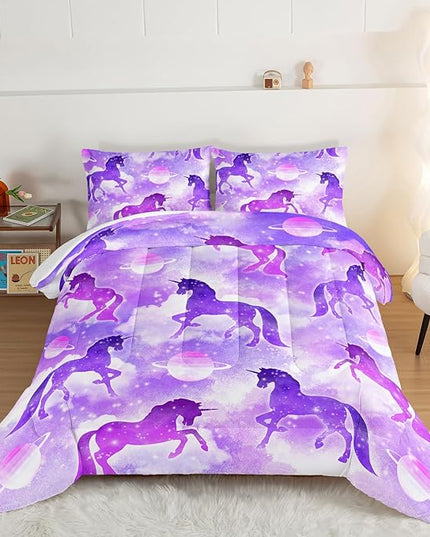 HOSIMA Purple Unicorn Bedding Sets for Girls Kids,3 Piece Soft Microfiber Galaxy Comforter Princess Crib Bedding Set Unicorn Bedroom Decor for Girls Room,Planet Cloud Queen Comforter Set. - LeafyLoom