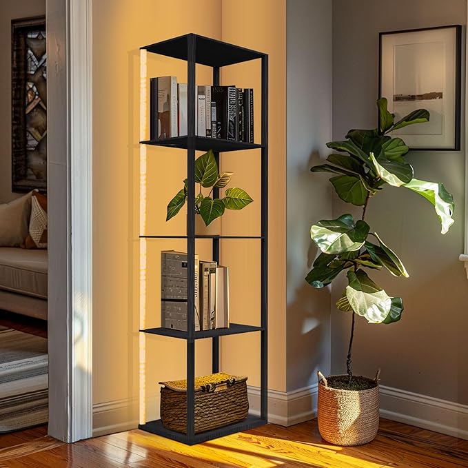 Corner Floor Shelf Light Dispaly: 5 Tiers Tall Corner Shelf Display Case Cabinet - Dimmable LED Corner Shelf with Light,Display Shelf Corner Shelves with Light - LeafyLoom