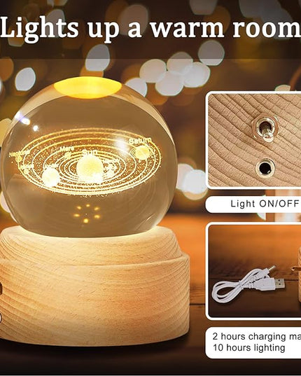 Crystal Ball Globe Solar System Music Box LED Night Light Lamp, Best Decor Gifts for Father Dad Husband Men Boyfriend Girlfriend Mom Women Wife Daughter Kids, Graduation Birthday Anniversary Wedding - LeafyLoom