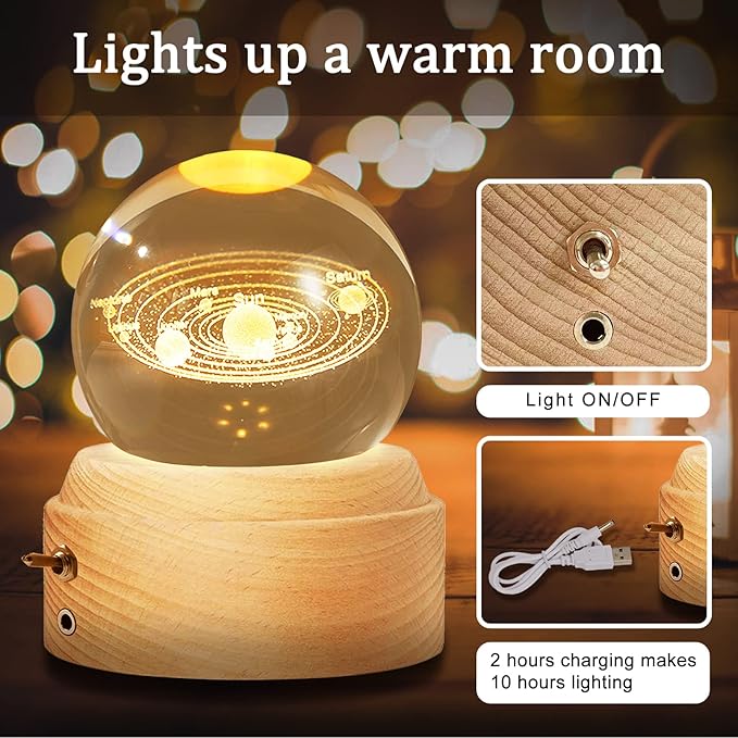 Crystal Ball Globe Solar System Music Box LED Night Light Lamp, Best Decor Gifts for Father Dad Husband Men Boyfriend Girlfriend Mom Women Wife Daughter Kids, Graduation Birthday Anniversary Wedding - LeafyLoom