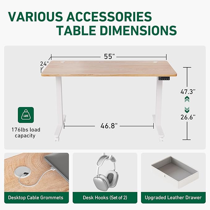 FEZIBO 55 x 24 Inches Standing Desk with Drawer, Adjustable Height Electric Stand up Desk with Storage, Sit Stand Home Office Desk, Ergonomic Computer Desk, Maple - LeafyLoom