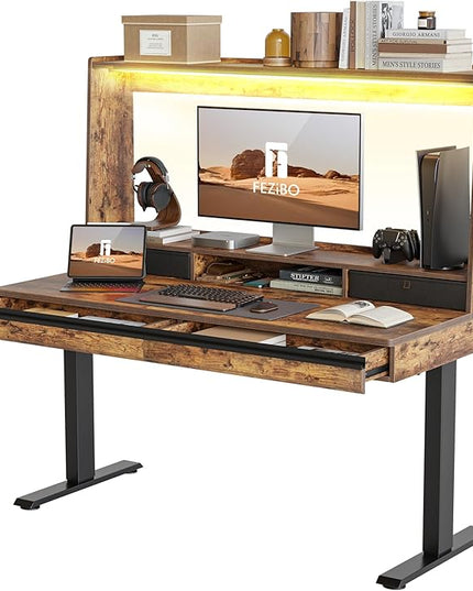 FEZIBO 55 x 27.5 Inches Electric Standing Desk with Open Shelf&LED Strip, Adjustable Height Sit Stand Up Desks with 4 Drawers, Ergonomic Workstation，Rustic Brown - LeafyLoom