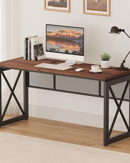 BON AUGURE 60 Inch Computer Desk for Home Office, Industrial Metal Wood Desk, Farmhouse Large Writing Desk, Modern Sturdy Gaming Desk (Rustic Oak) - LeafyLoom