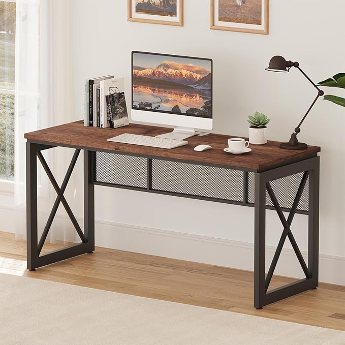 BON AUGURE 60 Inch Computer Desk for Home Office, Industrial Metal Wood Desk, Farmhouse Large Writing Desk, Modern Sturdy Gaming Desk (Rustic Oak) - LeafyLoom