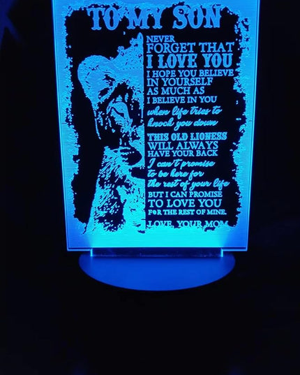 Dear Son 3D Illusion Lamp - 7 Colors Lion 3D Table Decoration Acrylic USB Lamp to My Son Arts Bedside Decors - Bedroom Decor Light Xmas New Year Birthday Gifts from Father Mother - LeafyLoom