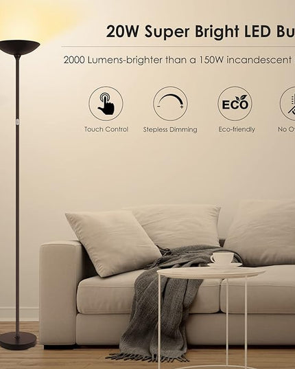 BoostArea Floor Lamp, Standing Lamp, 20W 2000LM LED Torchiere Floor Lamp, Stepless Dimmable, Touch Control, 3000K Daylight, 50000hrs Lifespan, Floor Lamps for Living Room, Standing Lamps for Bedroom - LeafyLoom