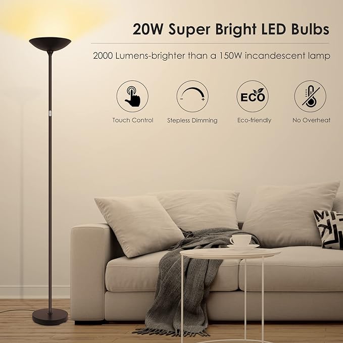 BoostArea Floor Lamp, Standing Lamp, 20W 2000LM LED Torchiere Floor Lamp, Stepless Dimmable, Touch Control, 3000K Daylight, 50000hrs Lifespan, Floor Lamps for Living Room, Standing Lamps for Bedroom - LeafyLoom