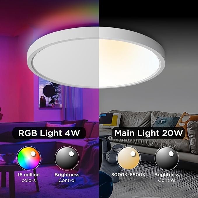 TALOYA Smart Ceiling Light Flush Mount LED WiFi,Compatible with Alexa Google Home,Dimmable Low Profile Ambient Light Fixture for Bedroom Living Room Hallway Kitchen Nursery,12 Inch,RGB Taloya