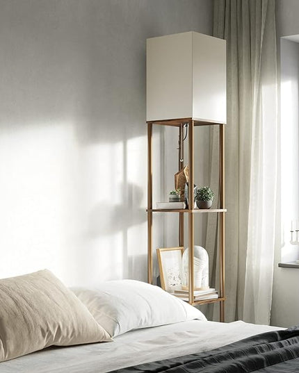 SUNMORY Floor Lamp with Shelves, Modern Square Standing Lamp with 3 Color Temperature Bulb, Corner Display Bookshelf Lamp for Living Room and Bedroom (Rustic Brown) - LeafyLoom
