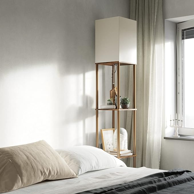 SUNMORY Floor Lamp with Shelves, Modern Square Standing Lamp with 3 Color Temperature Bulb, Corner Display Bookshelf Lamp for Living Room and Bedroom (Rustic Brown) - LeafyLoom