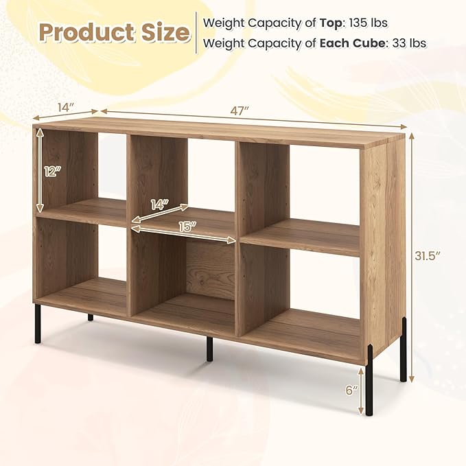 LOKO 6 Cube Bookcase, 3-Tier Floor Open Bookshelf with 5 Metal Legs, Cube Storage Organizer with Adjustable Shelves, Modern Display Shelving for Living Room, Study, Bedroom, Office (natural) - LeafyLoom