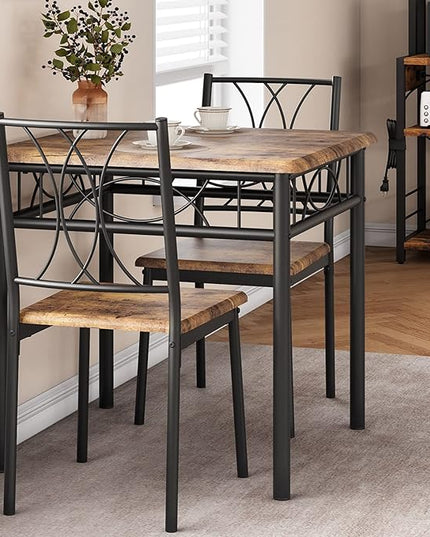 Dining Table Set for 2, Kitchen Table and Chairs for 2, Square Dining Room Table Set with 2 Metal and Wood Chairs, Kitchen Table Set for Small Space, Apartment, Rustic Brown - LeafyLoom