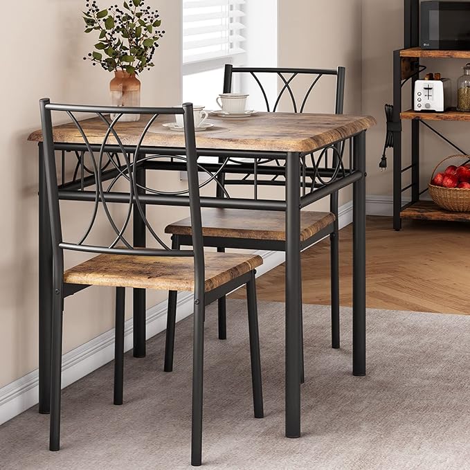Dining Table Set for 2, Kitchen Table and Chairs for 2, Square Dining Room Table Set with 2 Metal and Wood Chairs, Kitchen Table Set for Small Space, Apartment, Rustic Brown - LeafyLoom