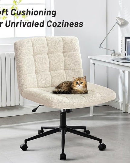 Furniliving Wide Desk Chair, Faux Fur Upholstered Office Chair with Wheels, Adjustable Accent Chair with Thicken Seat, Computer Chair for Living Room, Study Room, Home Office, IvoryWhite - LeafyLoom
