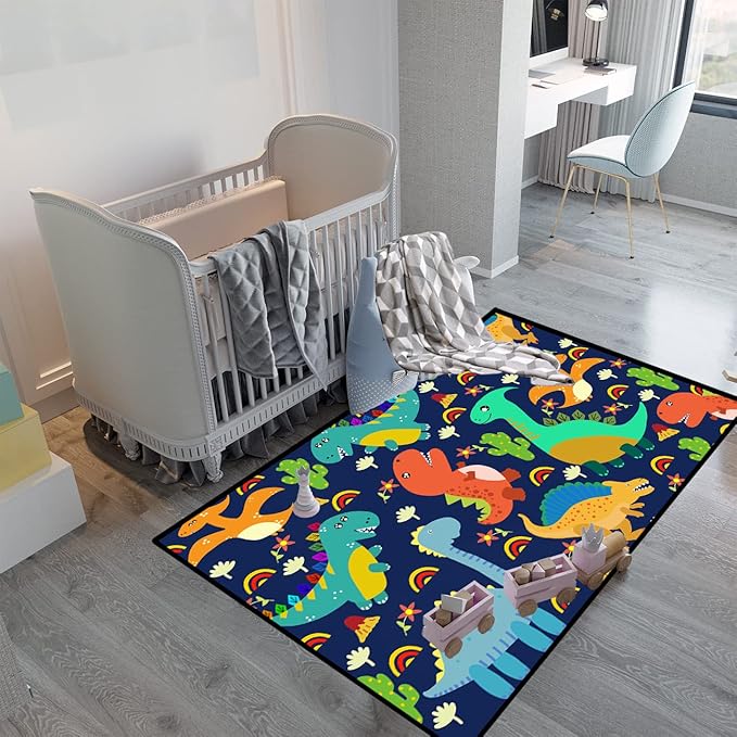 Dinosaur Carpet for Boys Room Dinosaurs Area Rugs Cute Dinosaur Cartoon Carpet Kids Rug Boys Room Rug for Kids Playroom Classroom and Livingroom,Blue 3'×5' - LeafyLoom