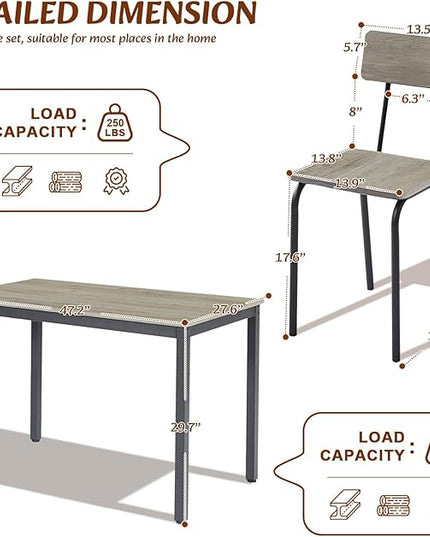 Dining Table Set for 4, 5-Piece Set Industrial Metal Wood 43.3" Kitchen Dining Table with 4 Dining Chairs, Indoor Modern Furniture Set for Dining Room, Dinette, Breakfast Nook, Grey - LeafyLoom