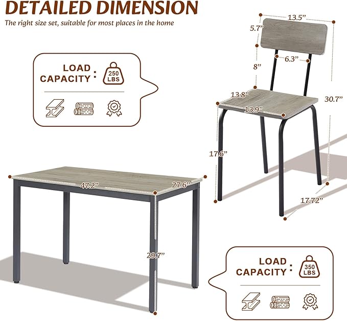 Dining Table Set for 4, 5-Piece Set Industrial Metal Wood 43.3" Kitchen Dining Table with 4 Dining Chairs, Indoor Modern Furniture Set for Dining Room, Dinette, Breakfast Nook, Grey - LeafyLoom