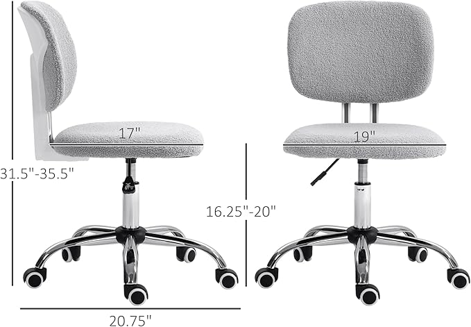 Vinsetto Cute Armless Office Chair, Teddy Fleece Fabric Computer Desk Chair, Vanity Task Chair with Adjustable Height, Swivel Wheels, Mid Back, Light Gray - LeafyLoom