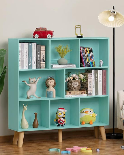 LEYAOYAO 8 Cube Bookshelf 3-Tier Bookcase with Legs, Mint-Green Kids Book Shelf Cute Storage Organizer, Large Open Toy Shelves Modern Bookshelves,Display Bookcases for Bedroom,Living Room,Nursery - LeafyLoom