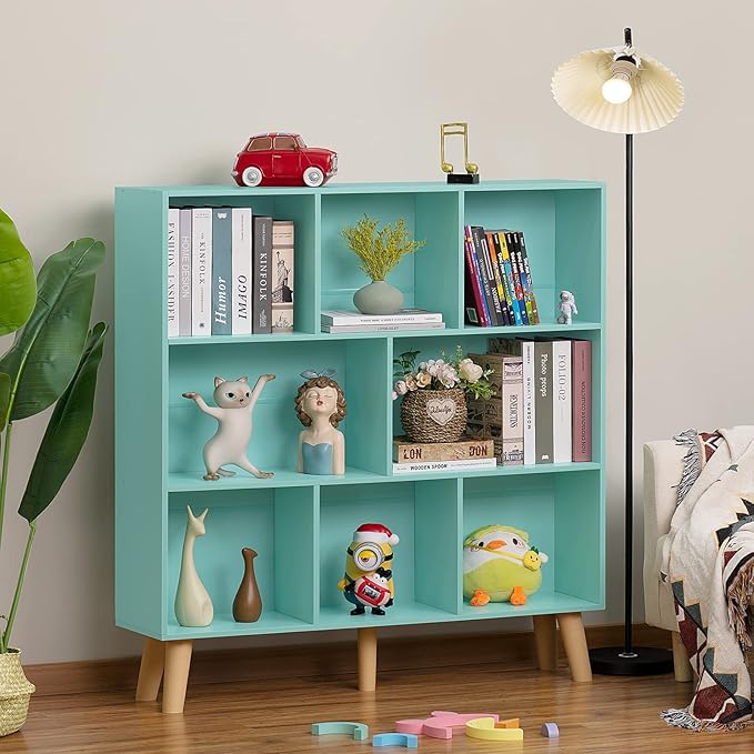 LEYAOYAO 8 Cube Bookshelf 3-Tier Bookcase with Legs, Mint-Green Kids Book Shelf Cute Storage Organizer, Large Open Toy Shelves Modern Bookshelves,Display Bookcases for Bedroom,Living Room,Nursery - LeafyLoom