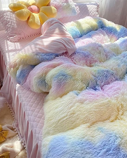 Faux Fur Kids Girls Sunshine Rainbow Comforter Sets Queen - 3PC Bed Set Warm Comfortable Soft Plush Flannel Velvet Fluffy Fuzzy Bedding（Comforter x 1 Pillowcases x 2） - LeafyLoom