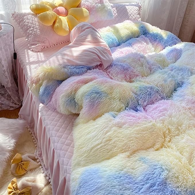 Faux Fur Kids Girls Sunshine Rainbow Comforter Sets Queen - 3PC Bed Set Warm Comfortable Soft Plush Flannel Velvet Fluffy Fuzzy Bedding（Comforter x 1 Pillowcases x 2） - LeafyLoom