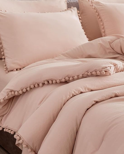 Litanika Queen Size Comforter Set Pink,3 Pieces Blush Boho Pom Pom Lightweight Bed Comforter, All Season Soft Solid Color Bedding Comforter Sets for Girls (1 Comforter 90x90 Inch, 2 Pillowcases) - LeafyLoom