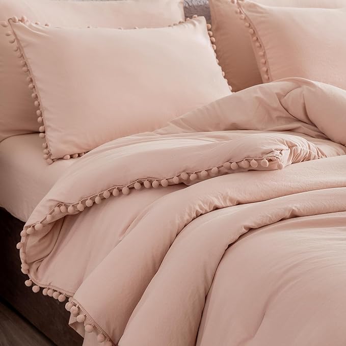 Litanika Queen Size Comforter Set Pink,3 Pieces Blush Boho Pom Pom Lightweight Bed Comforter, All Season Soft Solid Color Bedding Comforter Sets for Girls (1 Comforter 90x90 Inch, 2 Pillowcases) - LeafyLoom