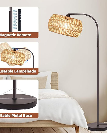 Rattan Standing Lamp with Remote and Dimmable Bulb, Bronze Arch Floor Lamp, Over Couch Lamp with Foot Switch, Brown Boho Lamp for Living Room, Bedroom, Office, Classroom - LeafyLoom