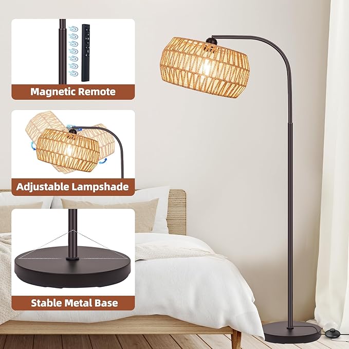 Rattan Standing Lamp with Remote and Dimmable Bulb, Bronze Arch Floor Lamp, Over Couch Lamp with Foot Switch, Brown Boho Lamp for Living Room, Bedroom, Office, Classroom - LeafyLoom
