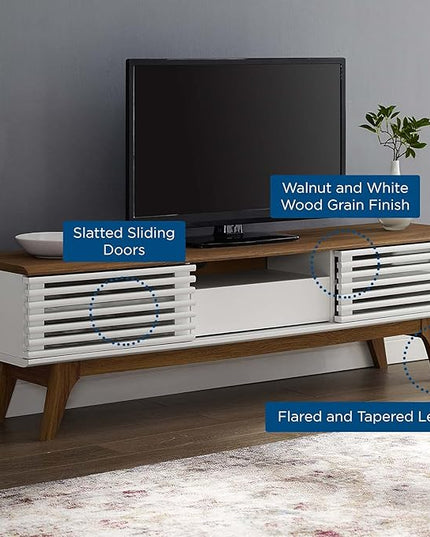 Modway Render Mid-Century Modern Low Profile 59 Inch TV Stand in Walnut/White - LeafyLoom