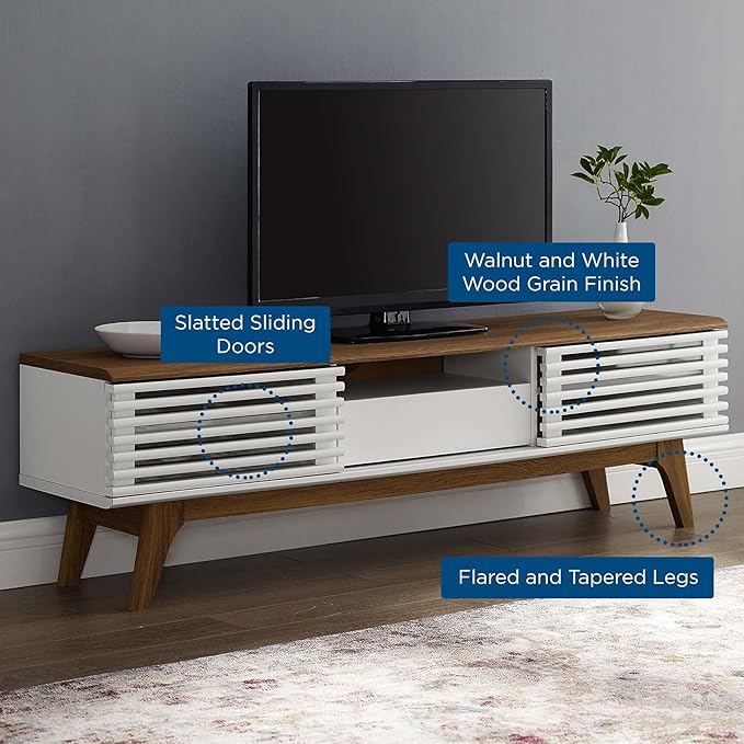 Modway Render Mid-Century Modern Low Profile 59 Inch TV Stand in Walnut/White - LeafyLoom