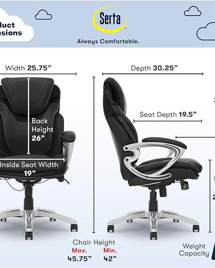 Serta Bryce Executive Office Chair, Ergonomic Computer DeskChair with Patented AIR Lumbar Technology, Comfortable Layered Body Pillows for Cushioning, SertaQuality Foam, Bonded Leather, Black - LeafyLoom