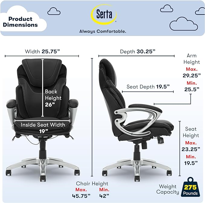 Serta Bryce Executive Office Chair, Ergonomic Computer DeskChair with Patented AIR Lumbar Technology, Comfortable Layered Body Pillows for Cushioning, SertaQuality Foam, Bonded Leather, Black - LeafyLoom