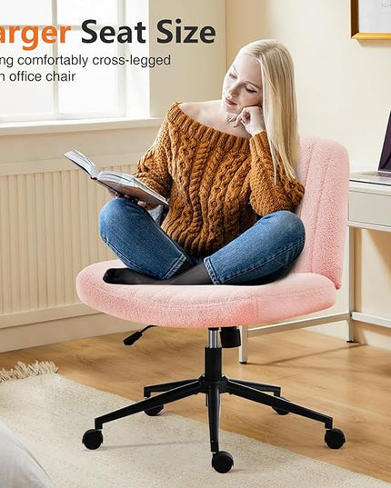 Sweetcrispy Criss Cross Office Chair with Wheels, Wide Armless Home Office Desk Chair with Dual-Purpose Base, Swivel Adjustable Teddy Fabric Task Vanity Computer Chair, Teddy Pink - LeafyLoom