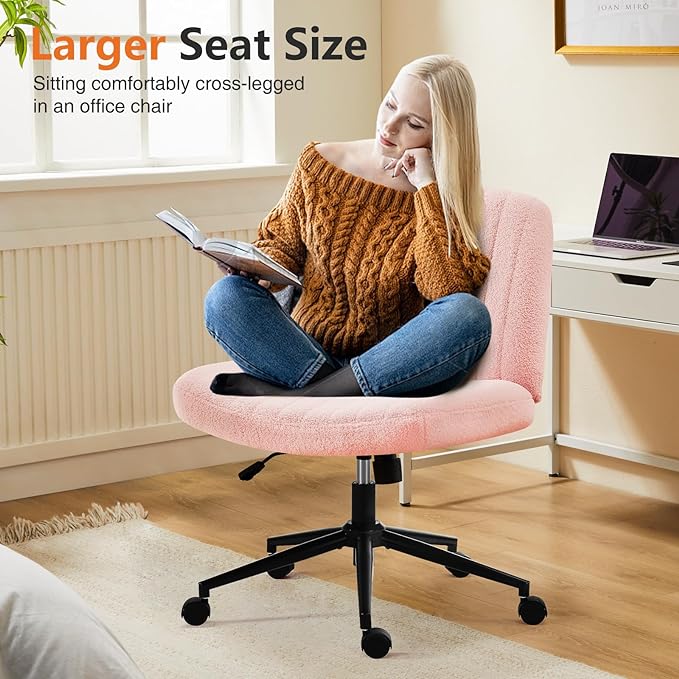 Sweetcrispy Criss Cross Office Chair with Wheels, Wide Armless Home Office Desk Chair with Dual-Purpose Base, Swivel Adjustable Teddy Fabric Task Vanity Computer Chair, Teddy Pink - LeafyLoom