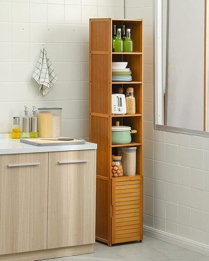MoNiBloom Tall 7 Tier Bookcase with Door, Bamboo Freestanding Display Storage Cabinet Shelves Collection Decor Furniture for Home Living Room Bedroom, Brown - LeafyLoom
