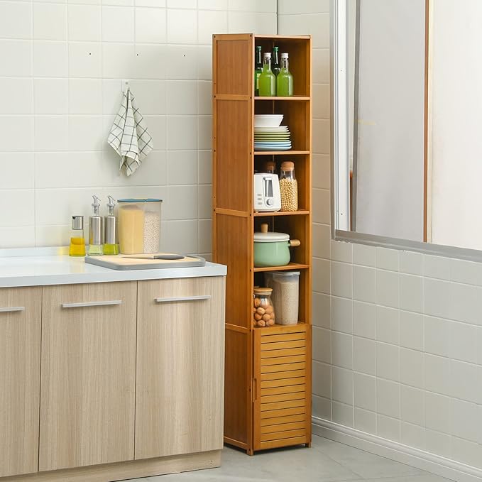 MoNiBloom Tall 7 Tier Bookcase with Door, Bamboo Freestanding Display Storage Cabinet Shelves Collection Decor Furniture for Home Living Room Bedroom, Brown - LeafyLoom
