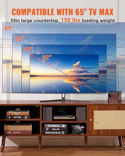 VEVOR Rattan TV Stand, Mid Century Modern TV Stand for 65 inch TV, Boho Rattan TV Cabinet with Build-in Socket and USB Ports, Adjustable Shelfs for Living Room, Media Room, Walnut - LeafyLoom