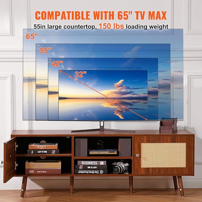 VEVOR Rattan TV Stand, Mid Century Modern TV Stand for 65 inch TV, Boho Rattan TV Cabinet with Build-in Socket and USB Ports, Adjustable Shelfs for Living Room, Media Room, Walnut - LeafyLoom