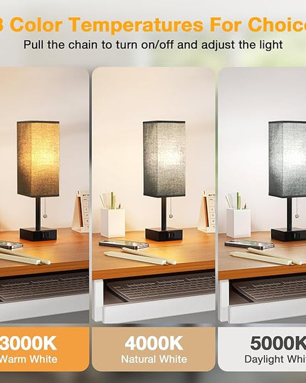 Black Small Table Lamp for Bedroom - 3 Color Temperature 3000K 5000K 4000K Bedside Lamp, Pull Chain Control, USB A and C Charging Ports, Black Base, for Kids Office Dorm Nightstand, Bulb Included - LeafyLoom