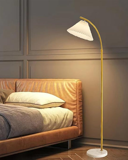 Arched Floor lamp White Fabric Curved Minimalist Floor Lamp with Pleated Shade Boho Floor Lamps for Living Room and bedroom Modern Luxury gold Corner Standing Floor lamp - LeafyLoom