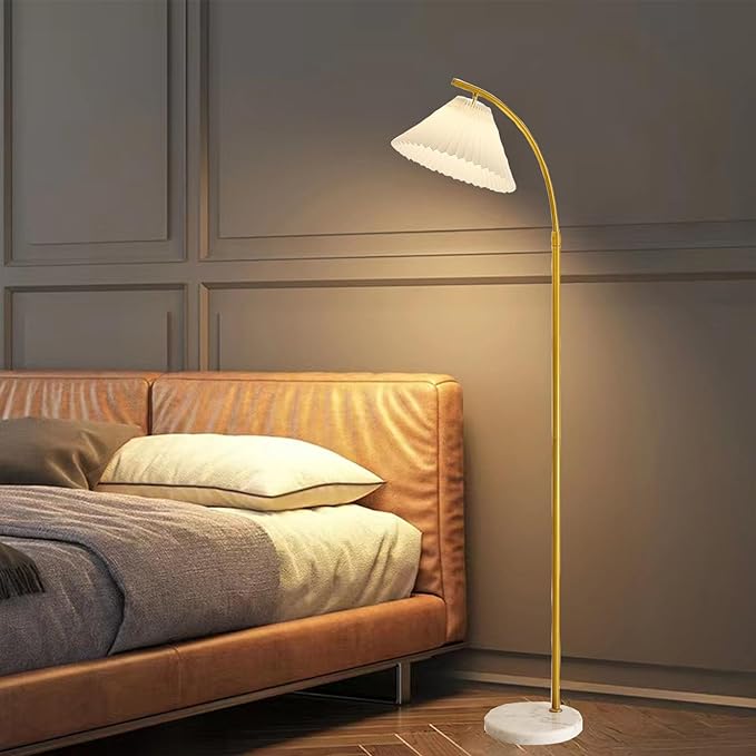 Arched Floor lamp White Fabric Curved Minimalist Floor Lamp with Pleated Shade Boho Floor Lamps for Living Room and bedroom Modern Luxury gold Corner Standing Floor lamp - LeafyLoom