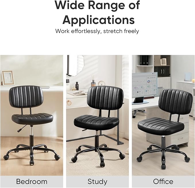 DUMOS Armless Home Office Chair Ergonomic Desk with Comfy Low Back Lumbar Support, Height Adjustable PU Leather Computer Task with 360° Swivel Wheels, for Small Space, Kids and Adults, Black - LeafyLoom
