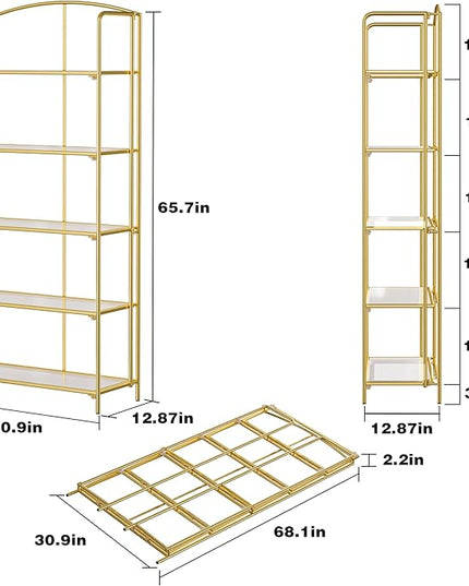 No Assembly Folding Bookshelf for Living Room, 5 Tier Gold Collapsible Book Shelf for Home Office, Portable Bookcase Storage Organizer - LeafyLoom